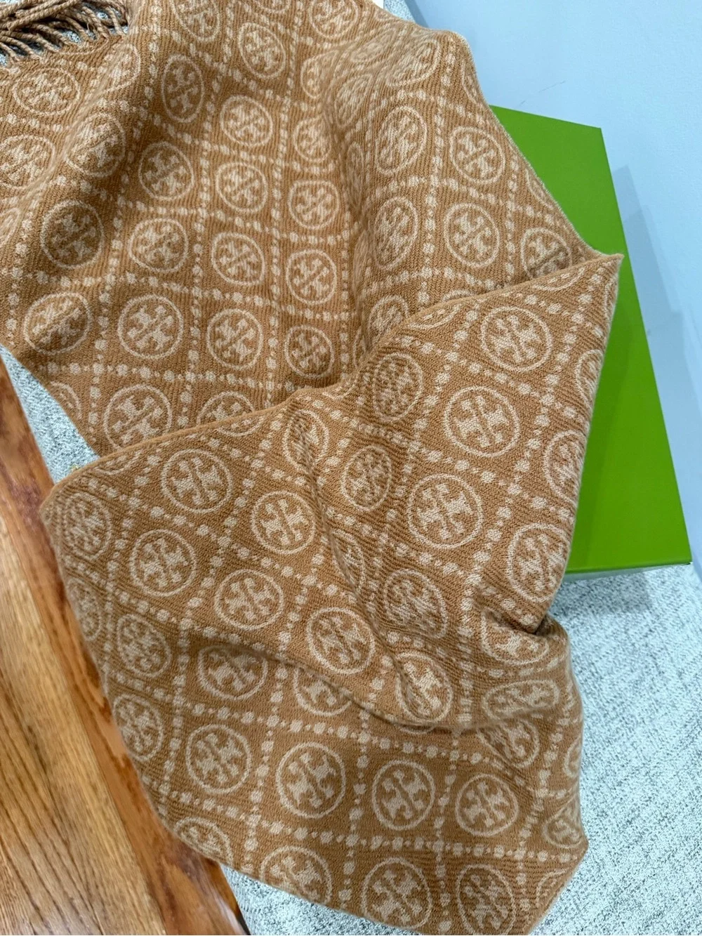 Tory Burch Two-Tone Camel Logo Fringe Scarf